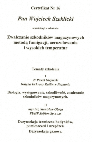 Specjalistyczny Zakład Dezynfekcji Dezynsekcji i Deratyzacji, Technik Ochrony Środowiska Wojciech Szeklicki