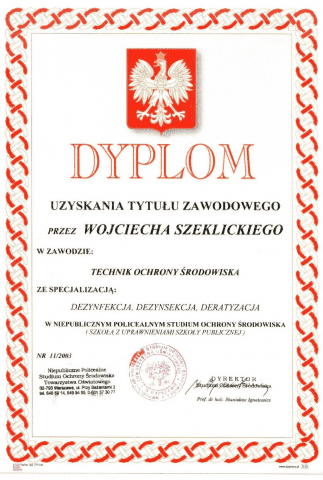 Specjalistyczny Zakład Dezynfekcji Dezynsekcji i Deratyzacji, Technik Ochrony Środowiska Wojciech Szeklicki