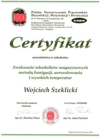 Specjalistyczny Zakład Dezynfekcji Dezynsekcji i Deratyzacji, Technik Ochrony Środowiska Wojciech Szeklicki