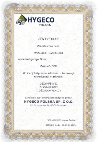 Specjalistyczny Zakład Dezynfekcji Dezynsekcji i Deratyzacji, Technik Ochrony Środowiska Wojciech Szeklicki