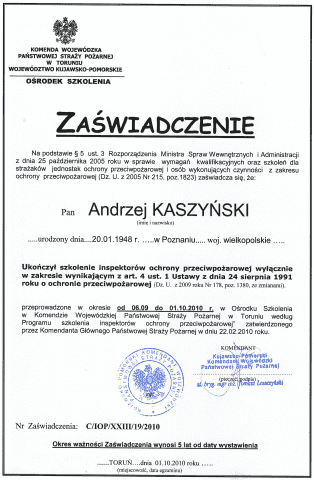 SPECJALISTA OBSŁUGA BHP I PPOŻ MGR ANDRZEJ KASZYŃSKI